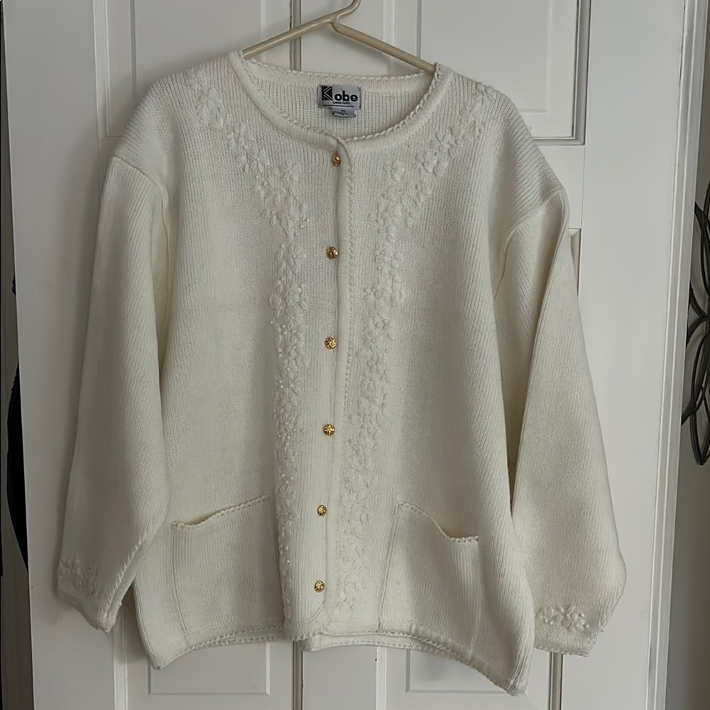 Women's Winter White Cardigan Sweater/Jacket  with Embroidery - Size 42 (XL)